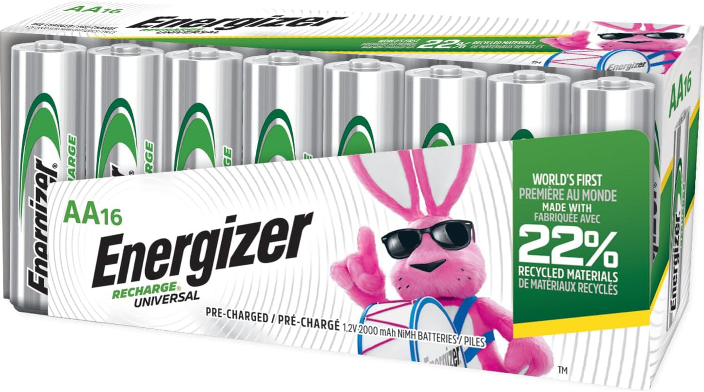 Recharge Universal Rechargeable AA Batteries (16 Pack), Double a Rechargeable Batteries