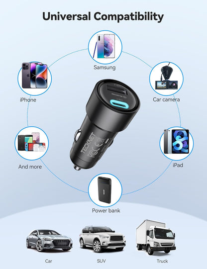 USB C Car Charger [2Pack], 48W 2-Port Cigarette Lighter Fast Chargering, PD&QC3.0 USBC Car Charger Adapter Compatible with Iphone 16/15 Plus/15/14/13 Galaxy